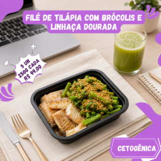5 un. Filé de tilápia grelhada com vagem e linhaça dourada 250g/cada