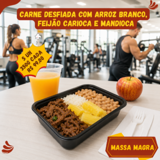 5 un. Carne desfiada(patinho) com arroz branco, feijão carioca e mandioca cozida 350g/cada