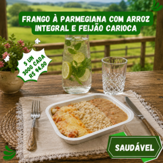 5 un. Filé de peito de frango à parmegiana com arroz integral e feijão carioca 300g/cada