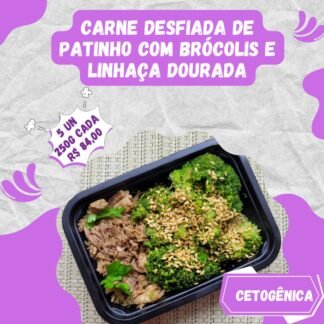 5 un. Carne desfiada (patinho) com brócolis no vapor  e linhaça dourada - 250g/cada (Cetogênica)