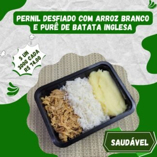 5 un. Pernil suíno desfiado com arroz branco e purê de batata inglesa 300g/cada