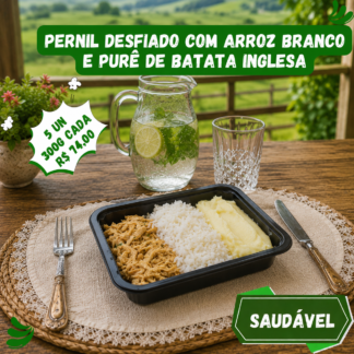 5 un. Pernil suíno desfiado com arroz branco e purê de batata inglesa 300g/cada