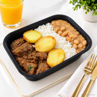 Cubos de carne (patinho) com arroz branco, feijão carioca e batata inglesa assada 350g
