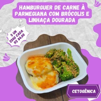 5 un. Hambúrguer de carne à parmegiana com brócolis no vapor e linhaça dourada 250g/cada