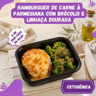 5 un. Hambúrguer de carne à parmegiana com brócolis no vapor e linhaça dourada 250g/cada