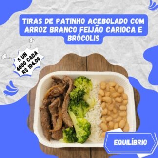 5 un. Tiras de patinho acebolada com arroz branco, feijão carioca e brócolis 400g/