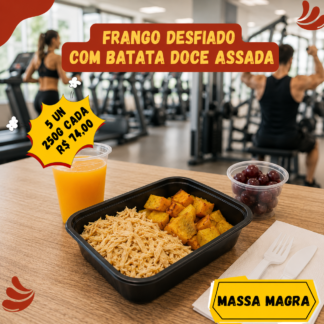 5 un. Frango desfiado com batata doce assada 200g/cada