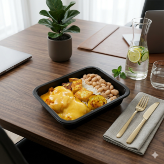 Hambúrguer de carne à parmegiana com arroz branco, feijão carioca e batata doce assada 350g