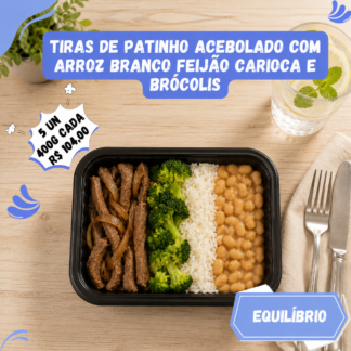 5 un. Tiras de patinho acebolada com arroz branco, feijão carioca e brócolis 400g