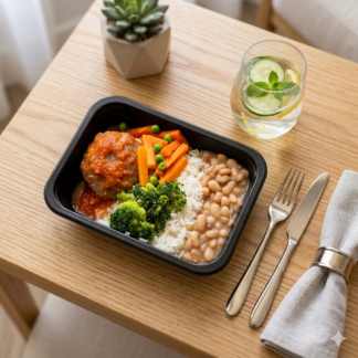 Polpetone recheado com mussarela, arroz branco, feijão carioca e mix(brócolis, cenoura e ervilha) 400g