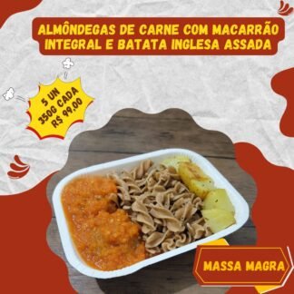 5 un. Almôndegas de carne (patinho) com macarrão integral e batata inglesa assada 350g/cada