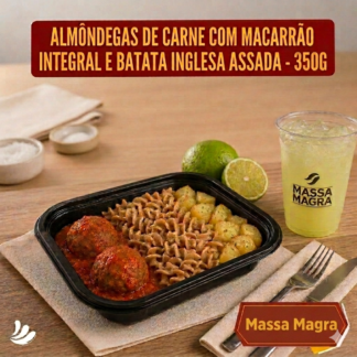 5 un. Almôndegas de carne (patinho) com macarrão integral e batata inglesa assada 350g