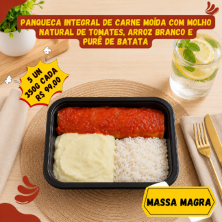 5 un. Panqueca de carne com arroz branco e purê de batata 350g/cada