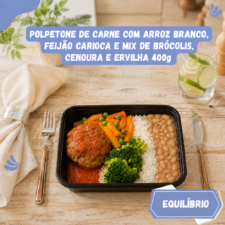 5 un Polpetone de carne recheado com mussarela com arroz branco, feijão carioca e mix de brócolis, cenoura e ervilha 400g
