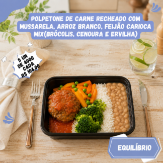 5 un Polpetone de carne recheado com mussarela com arroz branco, feijão carioca e mix de brócolis, cenoura e ervilha 400g